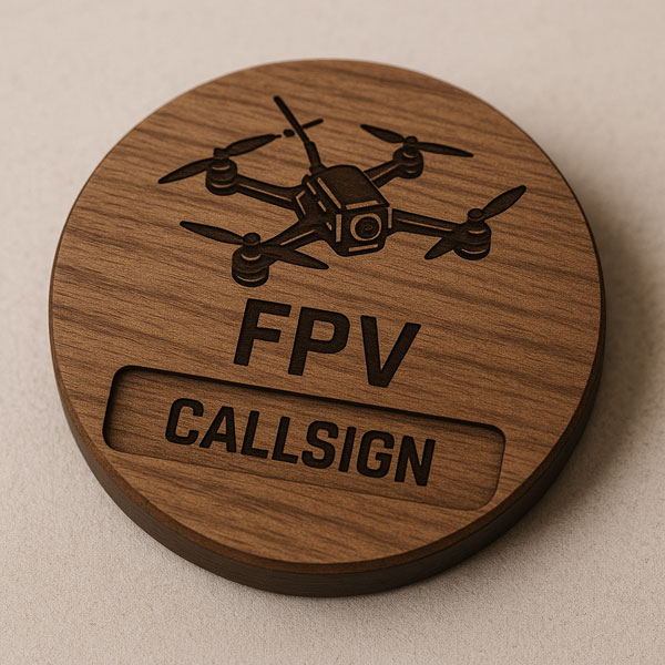 Tiny Big Woods design: an FPV drone and callsign engraved into a round wooden plaque.